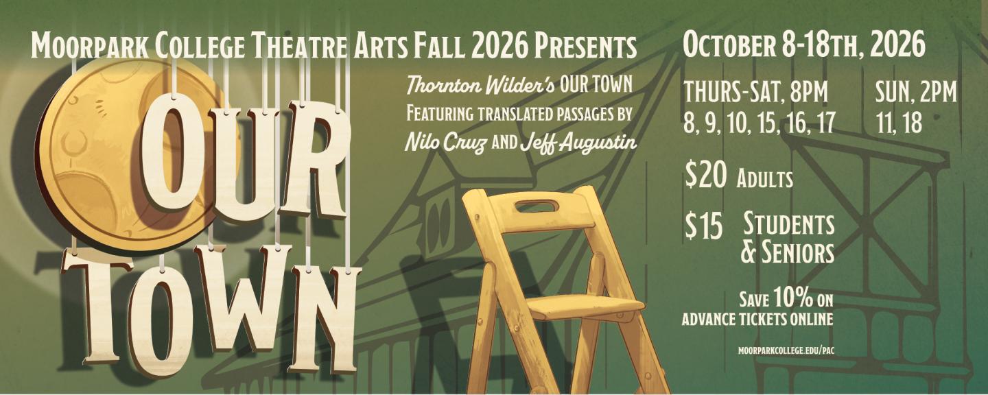Poster image with wooden letters spelling out "Our Town" hanging on strings with a wooden, yellow sun and an old fashioned step ladder with show dates.der