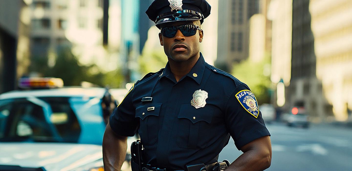 Police officer looks at camera